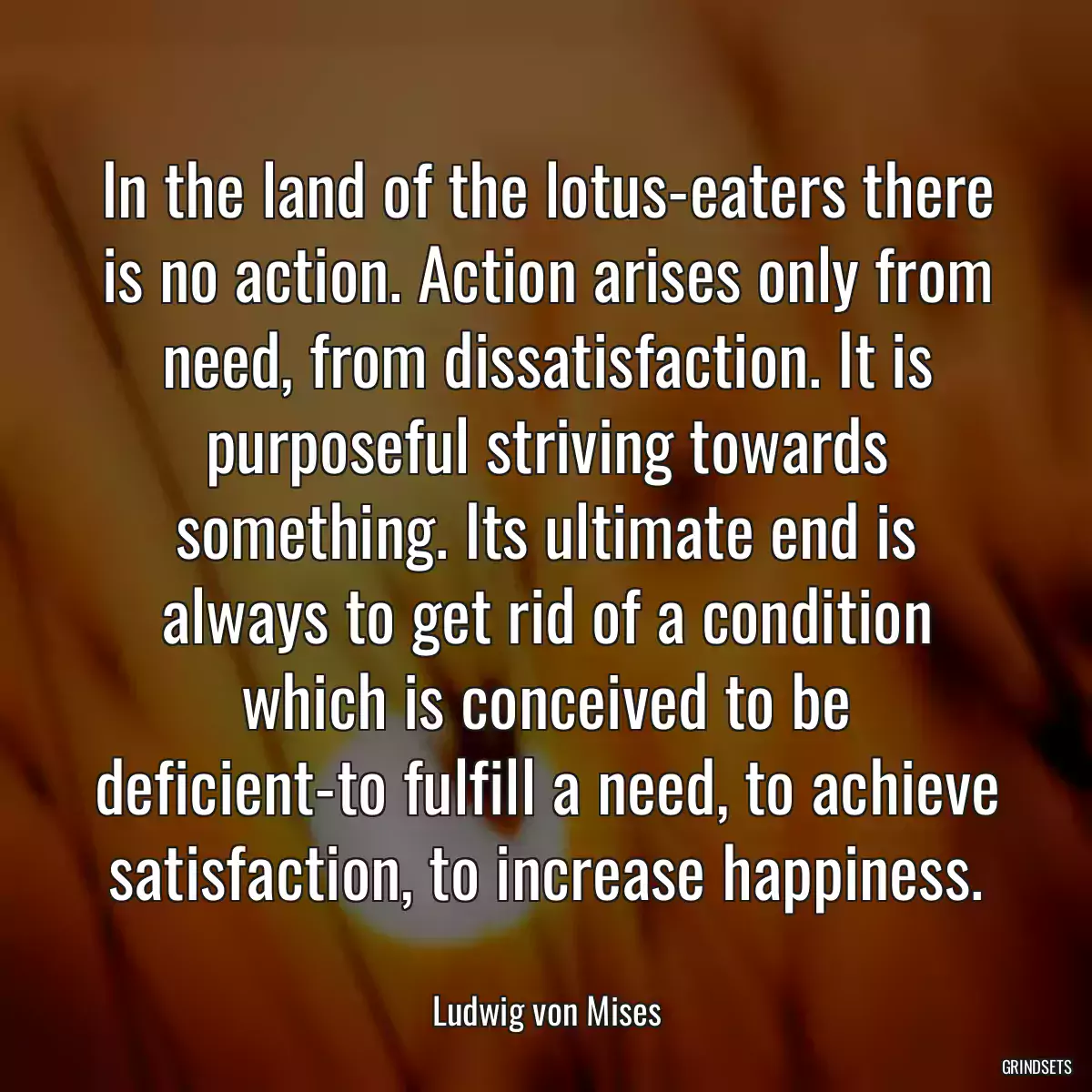 In the land of the lotus-eaters there is no action. Action arises only from need, from dissatisfaction. It is purposeful striving towards something. Its ultimate end is always to get rid of a condition which is conceived to be deficient-to fulfill a need, to achieve satisfaction, to increase happiness.