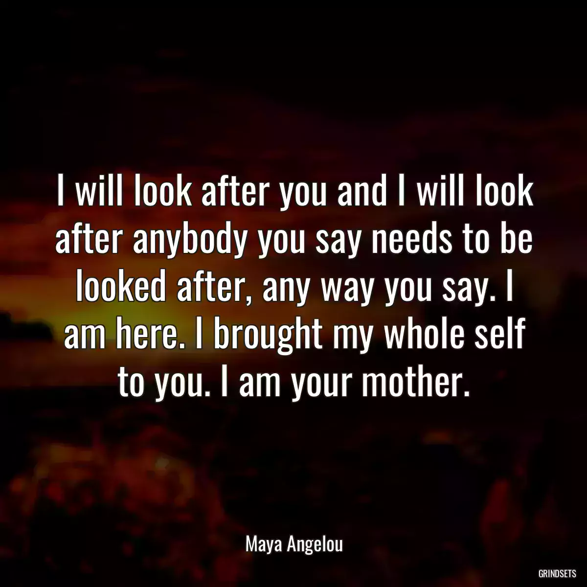 I will look after you and I will look after anybody you say needs to be looked after, any way you say. I am here. I brought my whole self to you. I am your mother.