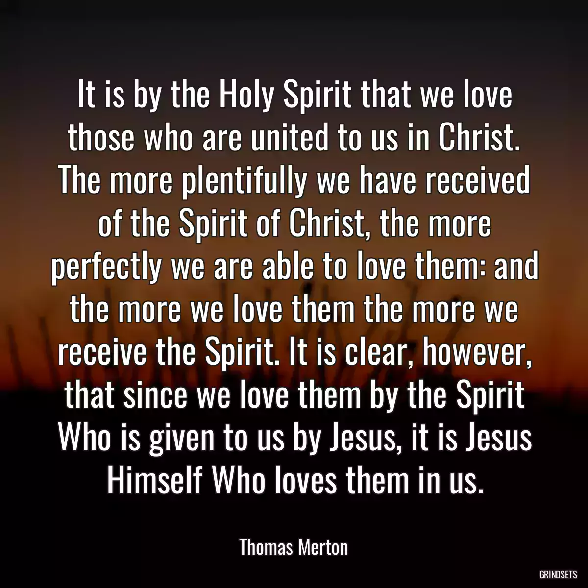 It is by the Holy Spirit that we love those who are united to us in Christ. The more plentifully we have received of the Spirit of Christ, the more perfectly we are able to love them: and the more we love them the more we receive the Spirit. It is clear, however, that since we love them by the Spirit Who is given to us by Jesus, it is Jesus Himself Who loves them in us.