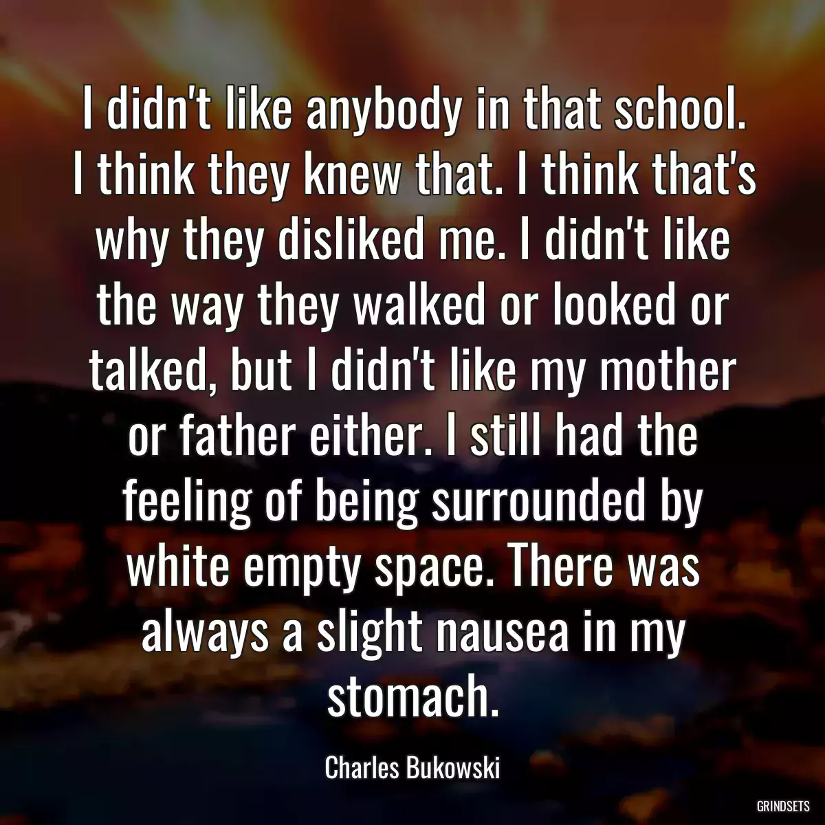 I didn\'t like anybody in that school. I think they knew that. I think that\'s why they disliked me. I didn\'t like the way they walked or looked or talked, but I didn\'t like my mother or father either. I still had the feeling of being surrounded by white empty space. There was always a slight nausea in my stomach.