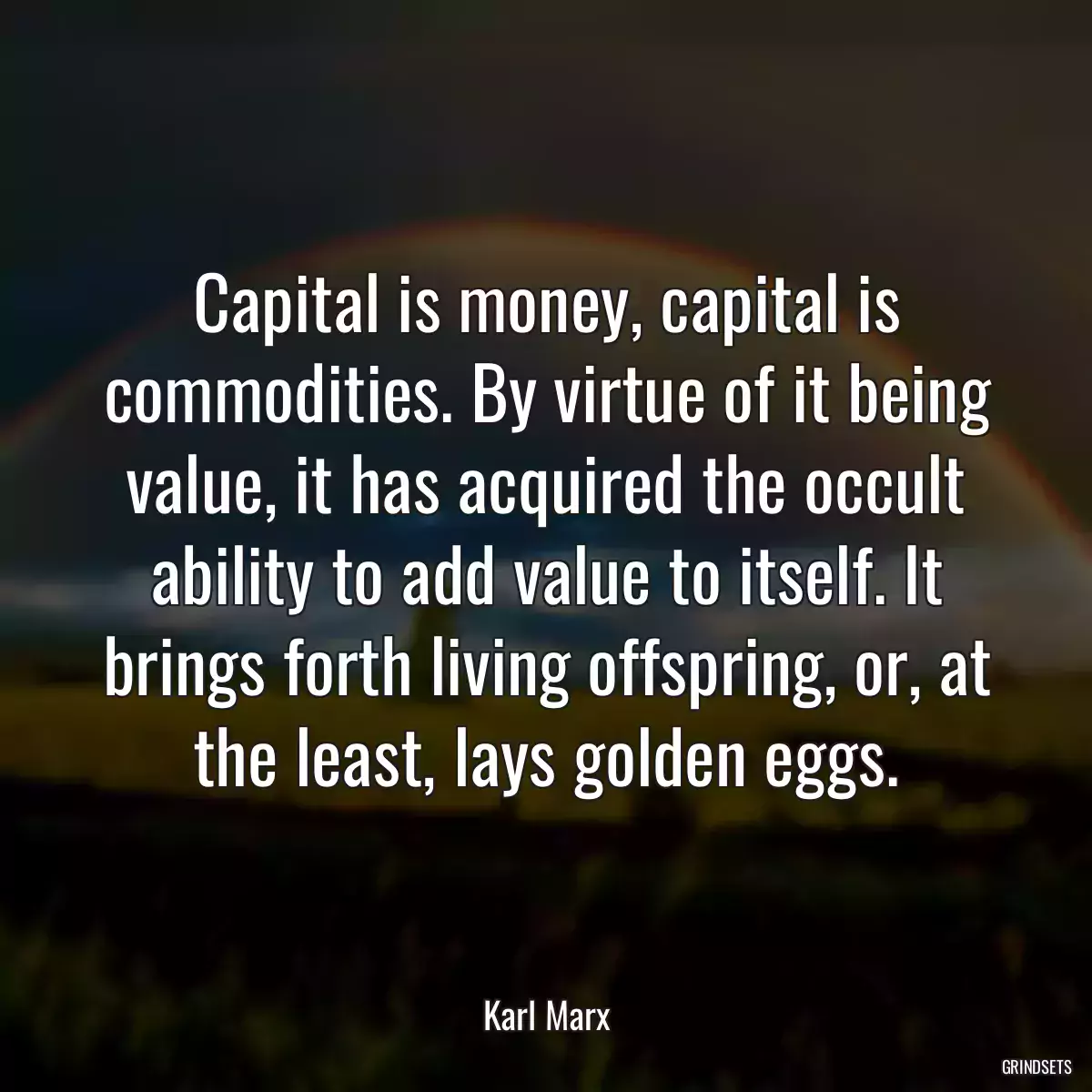 Capital is money, capital is commodities. By virtue of it being value, it has acquired the occult ability to add value to itself. It brings forth living offspring, or, at the least, lays golden eggs.