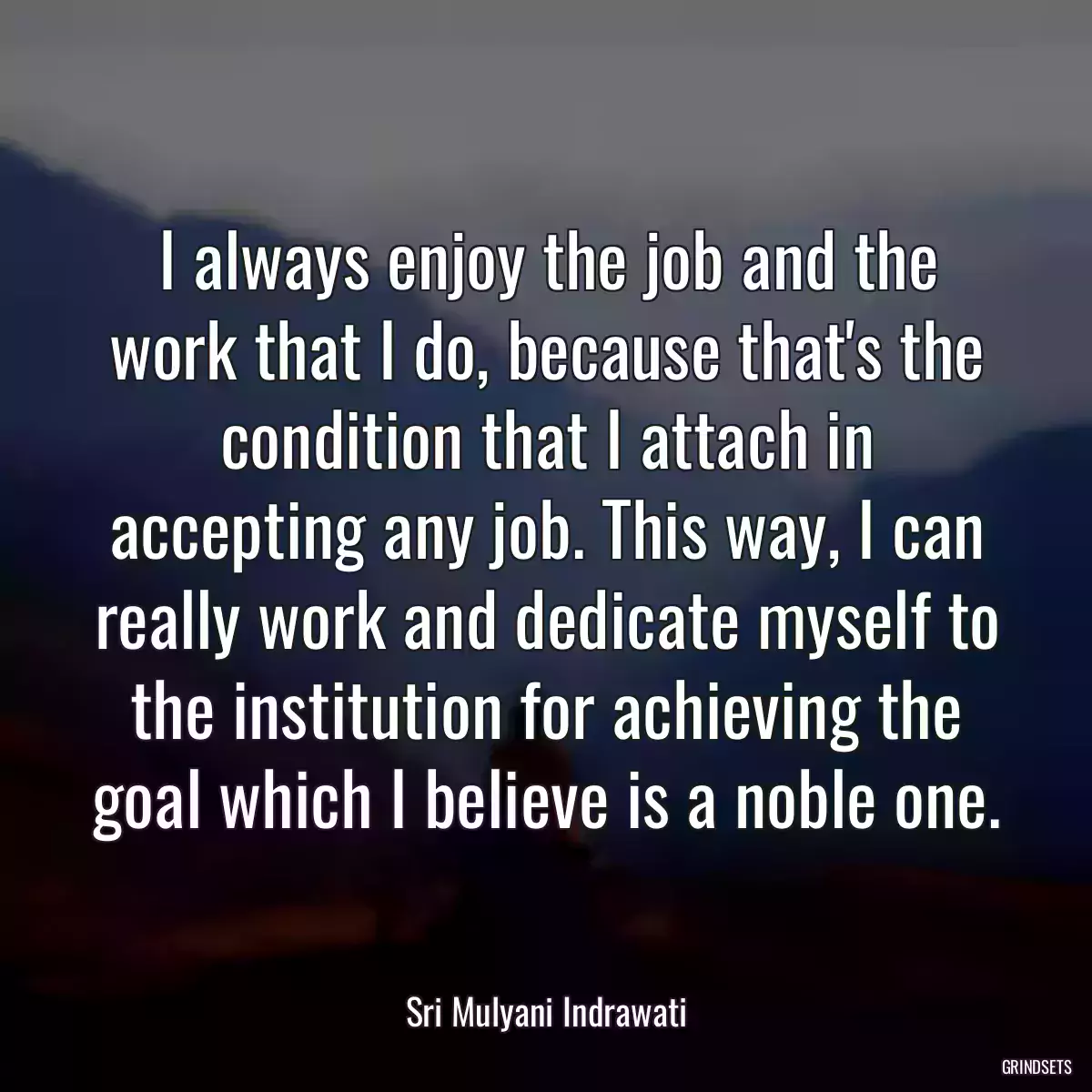 I always enjoy the job and the work that I do, because that\'s the condition that I attach in accepting any job. This way, I can really work and dedicate myself to the institution for achieving the goal which I believe is a noble one.