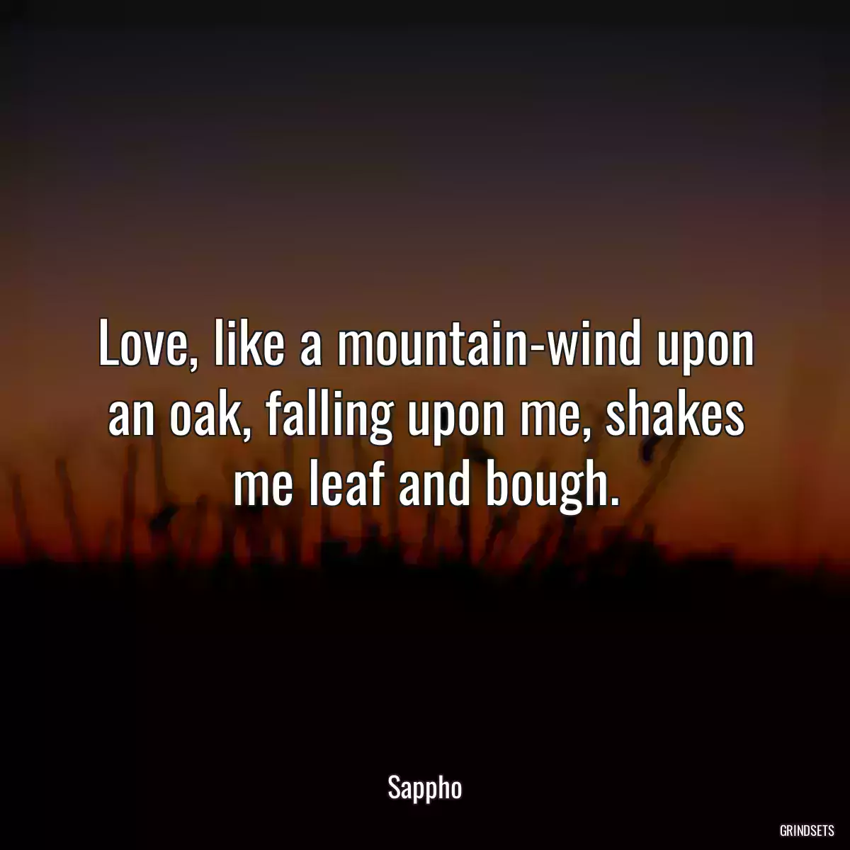 Love, like a mountain-wind upon an oak, falling upon me, shakes me leaf and bough.