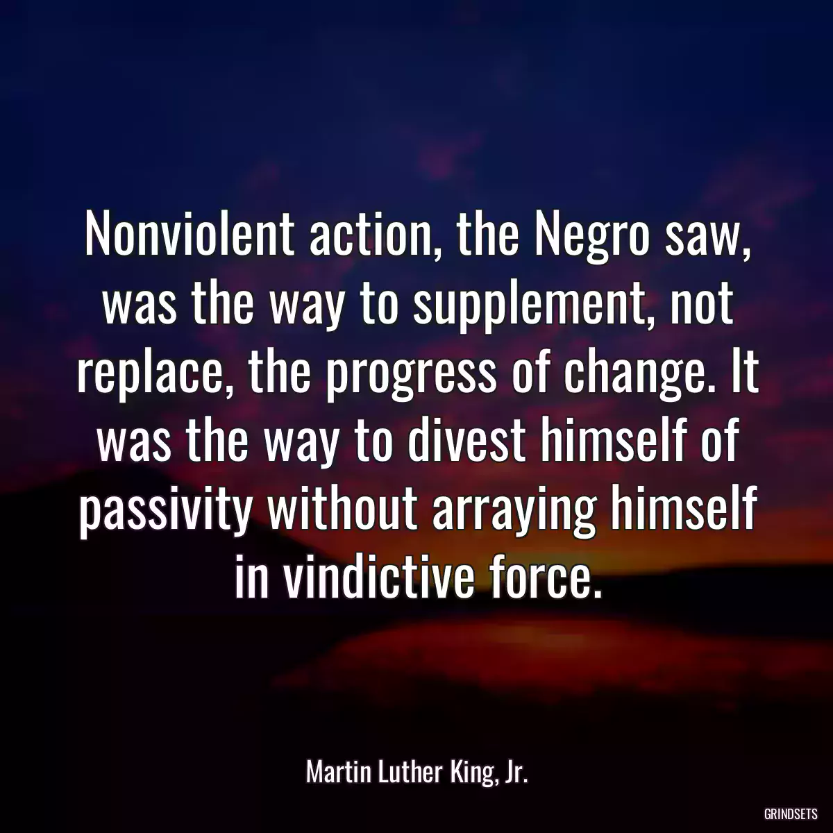 Nonviolent action, the Negro saw, was the way to supplement, not replace, the progress of change. It was the way to divest himself of passivity without arraying himself in vindictive force.