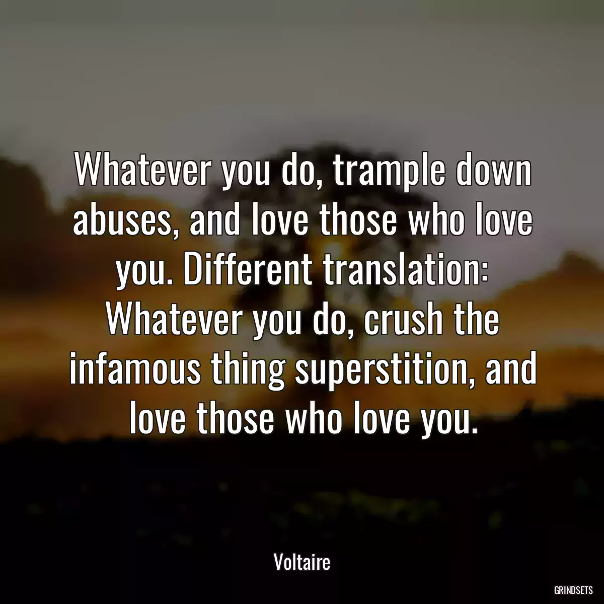 Whatever you do, trample down abuses, and love those who love you. Different translation: Whatever you do, crush the infamous thing superstition, and love those who love you.