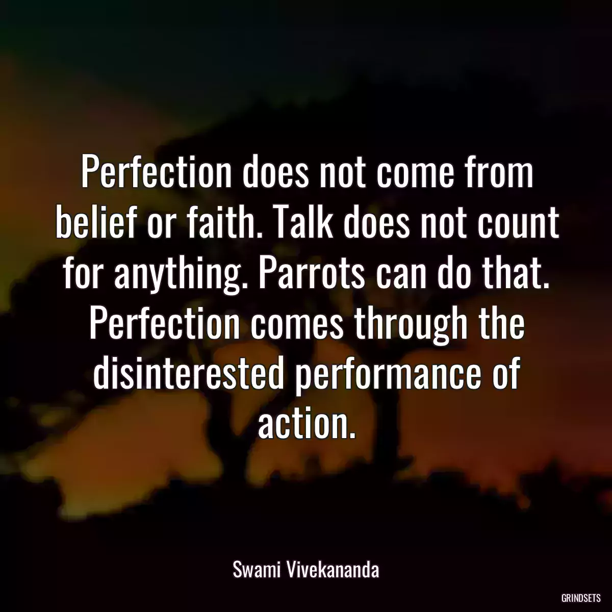 Perfection does not come from belief or faith. Talk does not count for anything. Parrots can do that. Perfection comes through the disinterested performance of action.