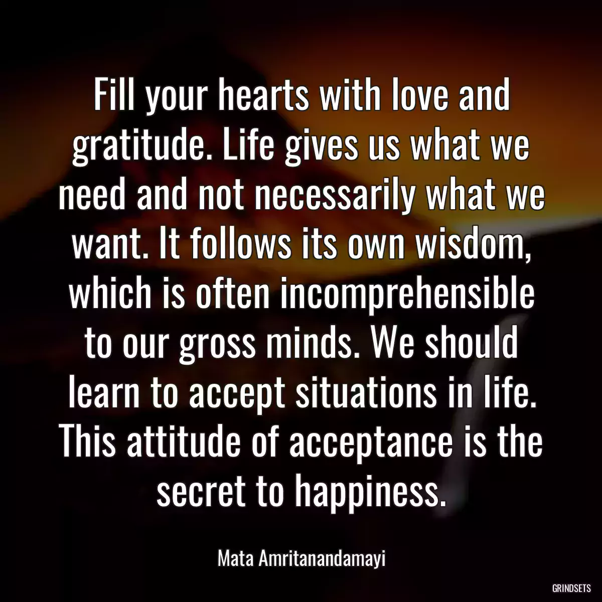 Fill your hearts with love and gratitude. Life gives us what we need and not necessarily what we want. It follows its own wisdom, which is often incomprehensible to our gross minds. We should learn to accept situations in life. This attitude of acceptance is the secret to happiness.