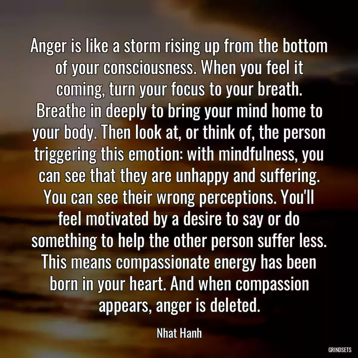 Anger is like a storm rising up from the bottom of your consciousness. When you feel it coming, turn your focus to your breath. Breathe in deeply to bring your mind home to your body. Then look at, or think of, the person triggering this emotion: with mindfulness, you can see that they are unhappy and suffering. You can see their wrong perceptions. You\'ll feel motivated by a desire to say or do something to help the other person suffer less. This means compassionate energy has been born in your heart. And when compassion appears, anger is deleted.