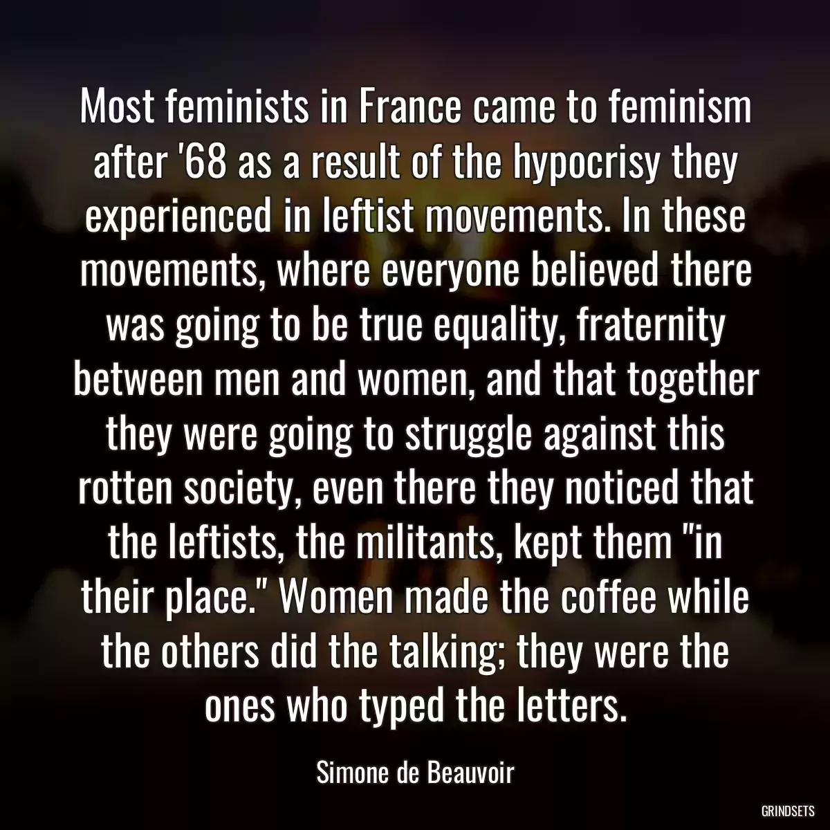 Most feminists in France came to feminism after \'68 as a result of the hypocrisy they experienced in leftist movements. In these movements, where everyone believed there was going to be true equality, fraternity between men and women, and that together they were going to struggle against this rotten society, even there they noticed that the leftists, the militants, kept them \