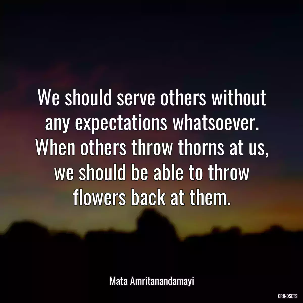 We should serve others without any expectations whatsoever. When others throw thorns at us, we should be able to throw flowers back at them.