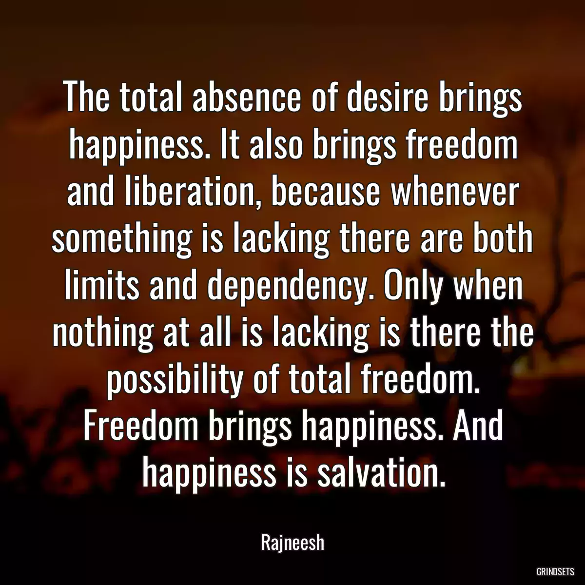 The total absence of desire brings happiness. It also brings freedom and liberation, because whenever something is lacking there are both limits and dependency. Only when nothing at all is lacking is there the possibility of total freedom. Freedom brings happiness. And happiness is salvation.