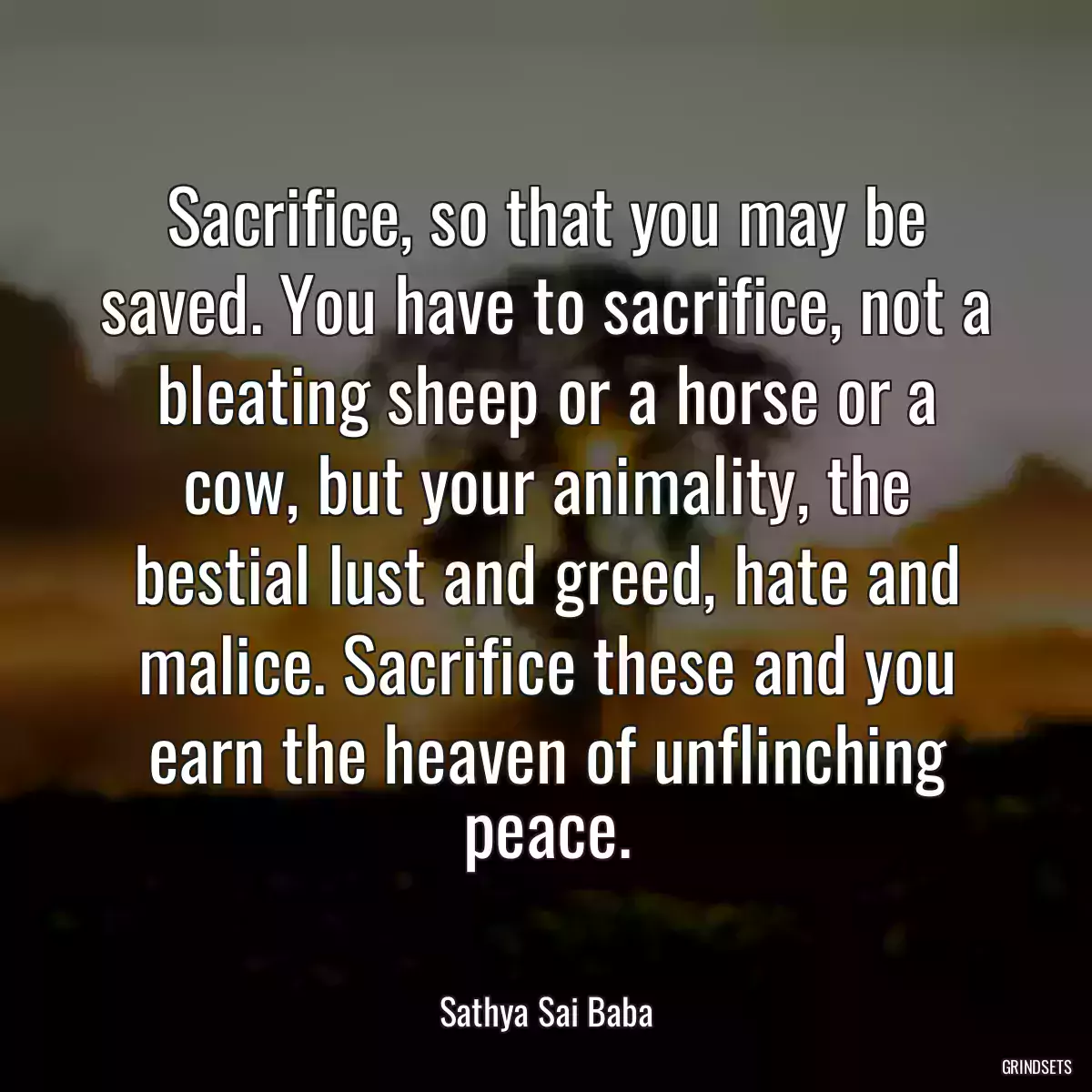 Sacrifice, so that you may be saved. You have to sacrifice, not a bleating sheep or a horse or a cow, but your animality, the bestial lust and greed, hate and malice. Sacrifice these and you earn the heaven of unflinching peace.