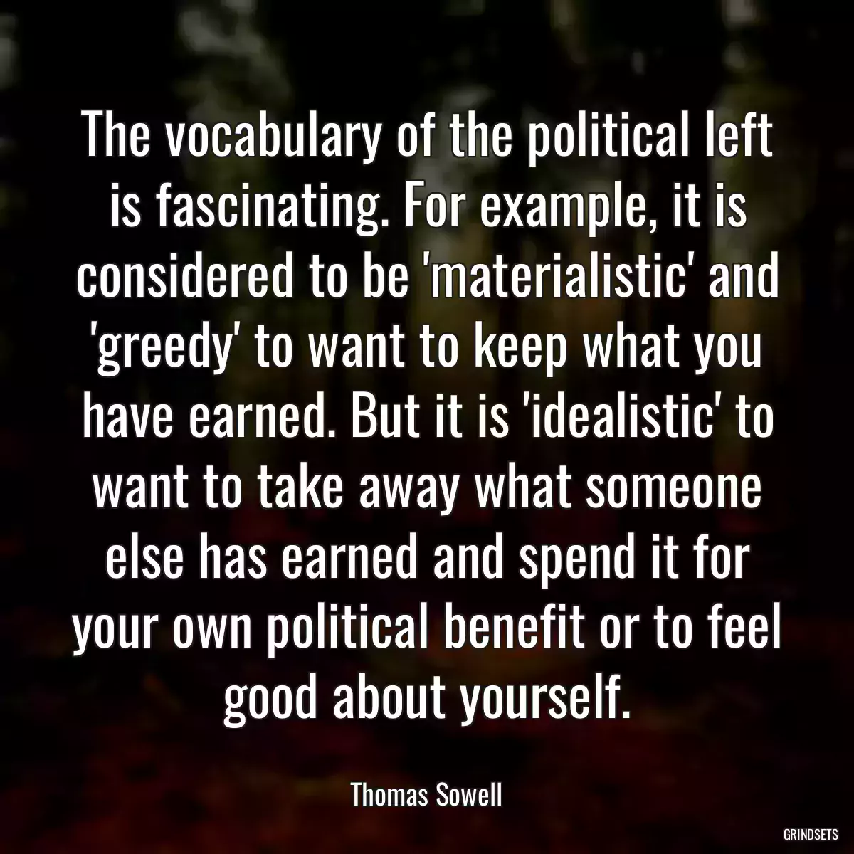 The vocabulary of the political left is fascinating. For example, it is considered to be \'materialistic\' and \'greedy\' to want to keep what you have earned. But it is \'idealistic\' to want to take away what someone else has earned and spend it for your own political benefit or to feel good about yourself.