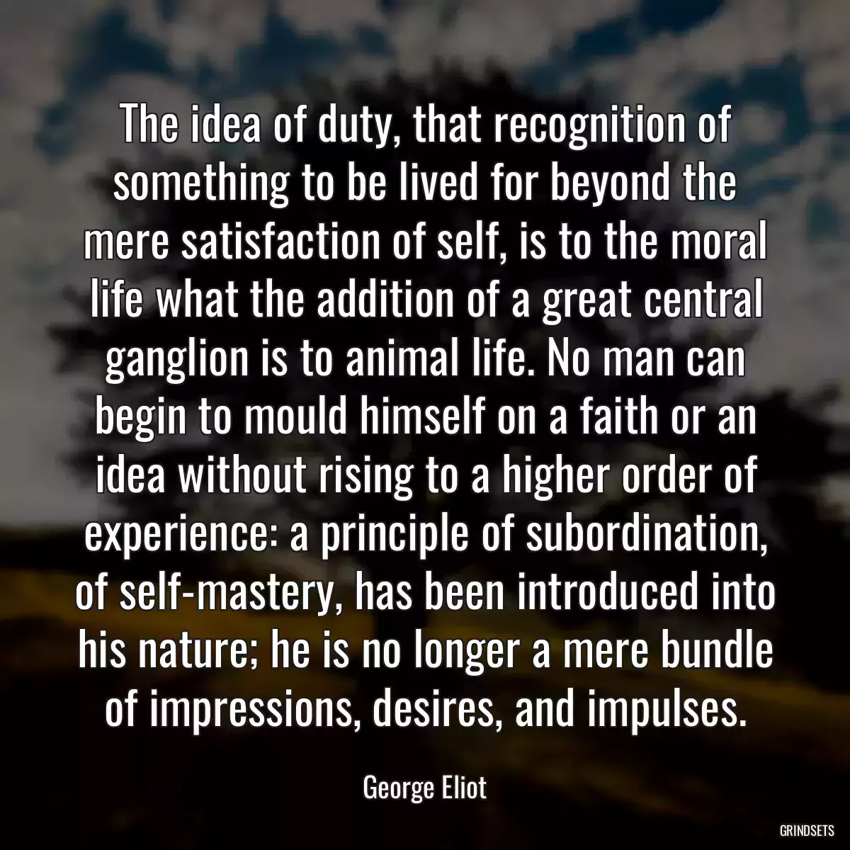 The idea of duty, that recognition of something to be lived for beyond the mere satisfaction of self, is to the moral life what the addition of a great central ganglion is to animal life. No man can begin to mould himself on a faith or an idea without rising to a higher order of experience: a principle of subordination, of self-mastery, has been introduced into his nature; he is no longer a mere bundle of impressions, desires, and impulses.