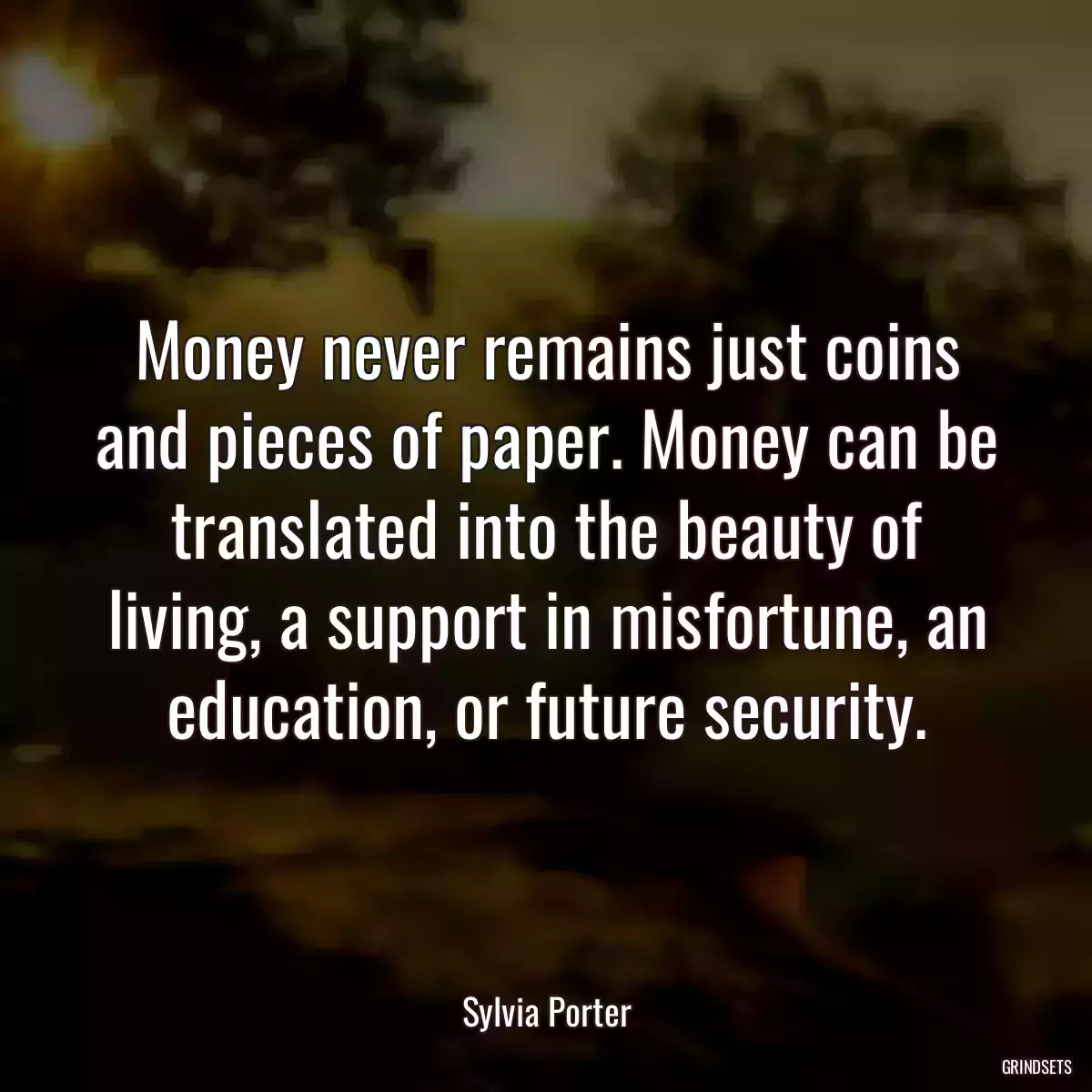 Money never remains just coins and pieces of paper. Money can be translated into the beauty of living, a support in misfortune, an education, or future security.