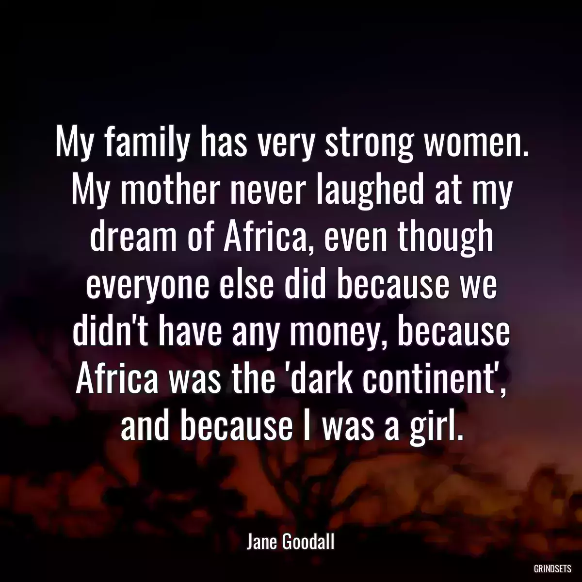 My family has very strong women. My mother never laughed at my dream of Africa, even though everyone else did because we didn\'t have any money, because Africa was the \'dark continent\', and because I was a girl.