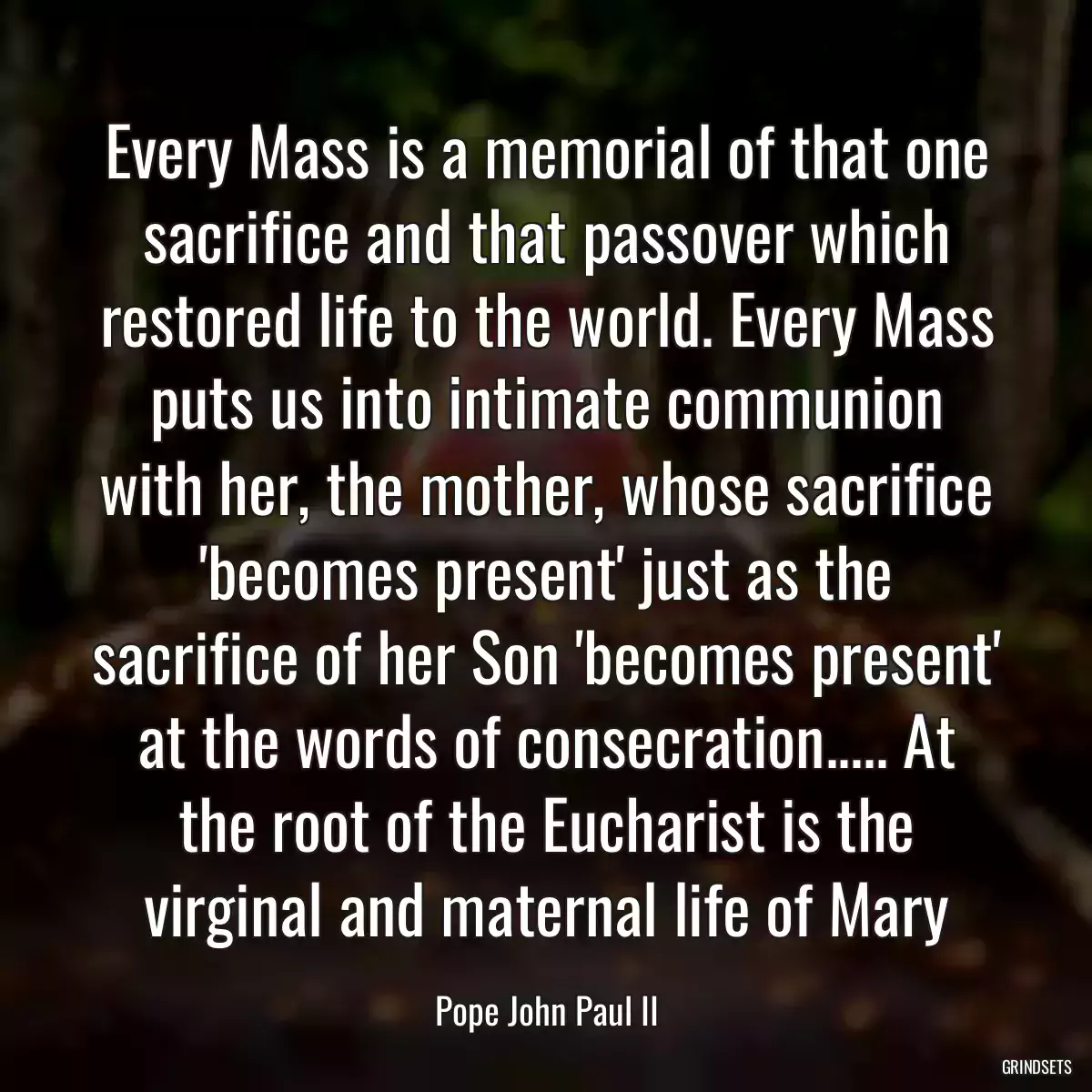 Every Mass is a memorial of that one sacrifice and that passover which restored life to the world. Every Mass puts us into intimate communion with her, the mother, whose sacrifice \'becomes present\' just as the sacrifice of her Son \'becomes present\' at the words of consecration..... At the root of the Eucharist is the virginal and maternal life of Mary