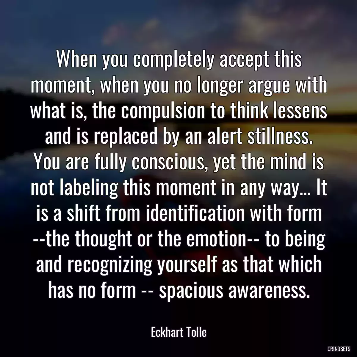 When you completely accept this moment, when you no longer argue with what is, the compulsion to think lessens and is replaced by an alert stillness. You are fully conscious, yet the mind is not labeling this moment in any way... It is a shift from identification with form --the thought or the emotion-- to being and recognizing yourself as that which has no form -- spacious awareness.