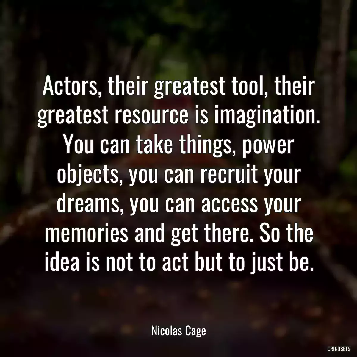 Actors, their greatest tool, their greatest resource is imagination. You can take things, power objects, you can recruit your dreams, you can access your memories and get there. So the idea is not to act but to just be.