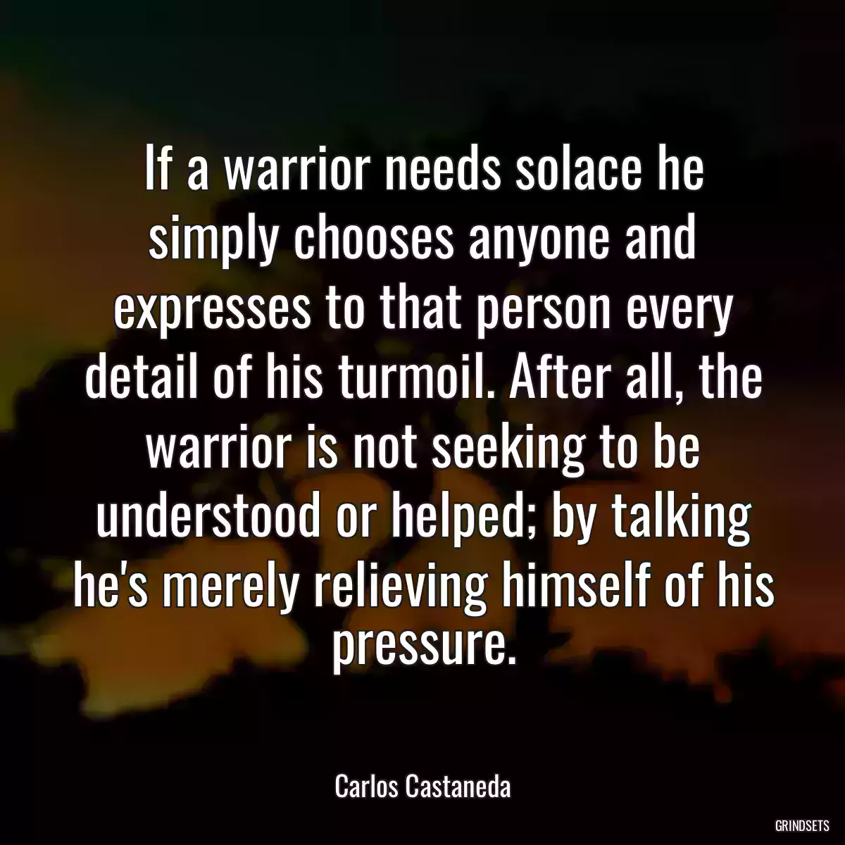 If a warrior needs solace he simply chooses anyone and expresses to that person every detail of his turmoil. After all, the warrior is not seeking to be understood or helped; by talking he\'s merely relieving himself of his pressure.