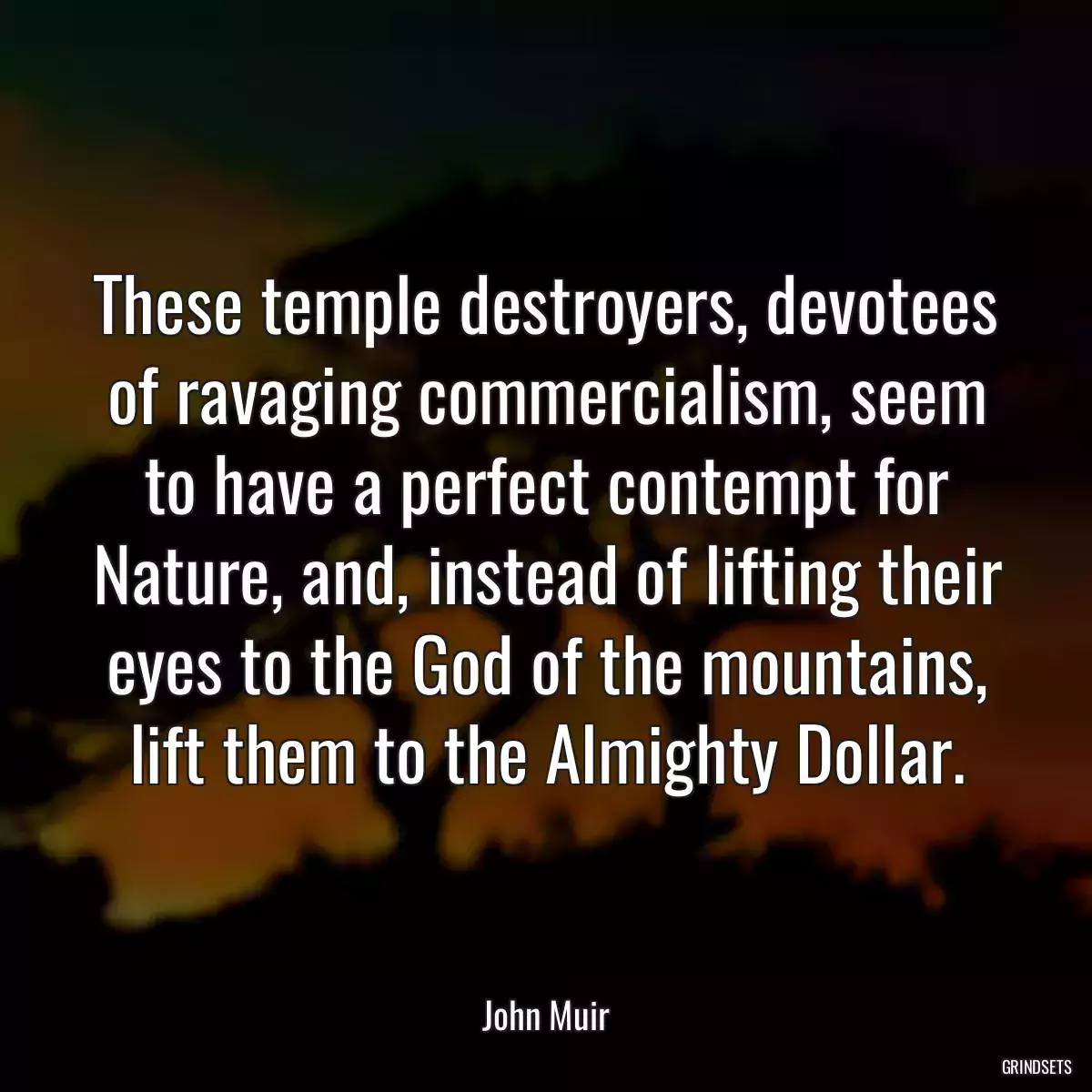 These temple destroyers, devotees of ravaging commercialism, seem to have a perfect contempt for Nature, and, instead of lifting their eyes to the God of the mountains, lift them to the Almighty Dollar.