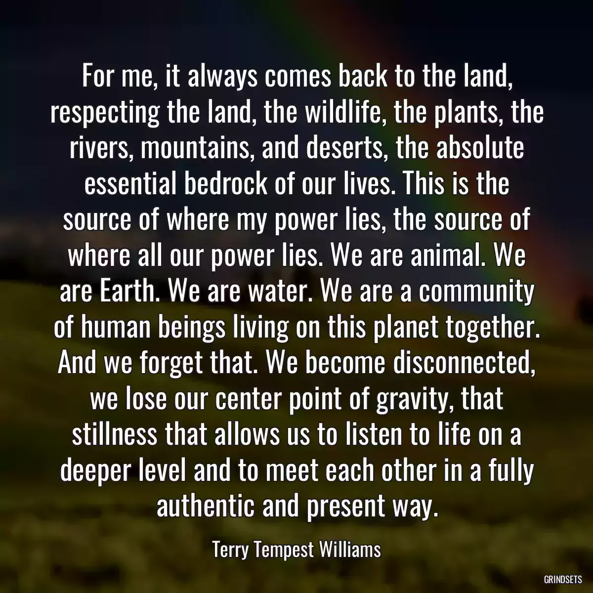 For me, it always comes back to the land, respecting the land, the wildlife, the plants, the rivers, mountains, and deserts, the absolute essential bedrock of our lives. This is the source of where my power lies, the source of where all our power lies. We are animal. We are Earth. We are water. We are a community of human beings living on this planet together. And we forget that. We become disconnected, we lose our center point of gravity, that stillness that allows us to listen to life on a deeper level and to meet each other in a fully authentic and present way.