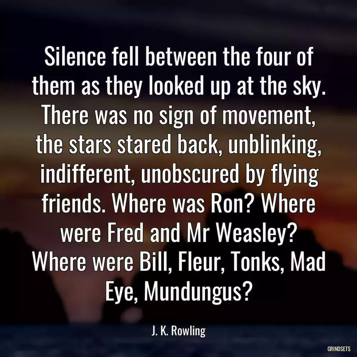 Silence fell between the four of them as they looked up at the sky. There was no sign of movement, the stars stared back, unblinking, indifferent, unobscured by flying friends. Where was Ron? Where were Fred and Mr Weasley? Where were Bill, Fleur, Tonks, Mad Eye, Mundungus?