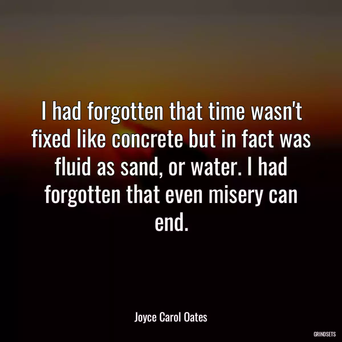 I had forgotten that time wasn\'t fixed like concrete but in fact was fluid as sand, or water. I had forgotten that even misery can end.