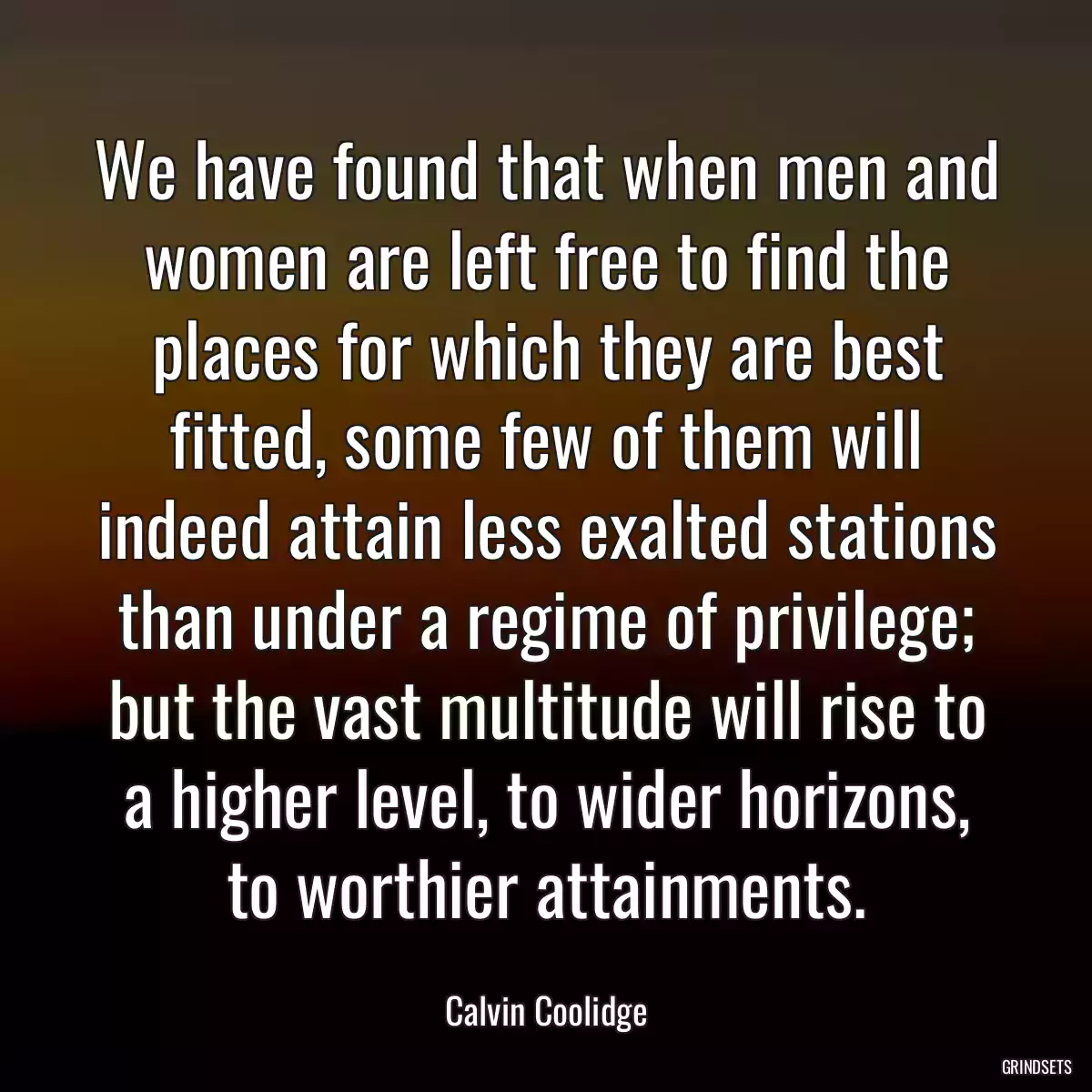 We have found that when men and women are left free to find the places for which they are best fitted, some few of them will indeed attain less exalted stations than under a regime of privilege; but the vast multitude will rise to a higher level, to wider horizons, to worthier attainments.