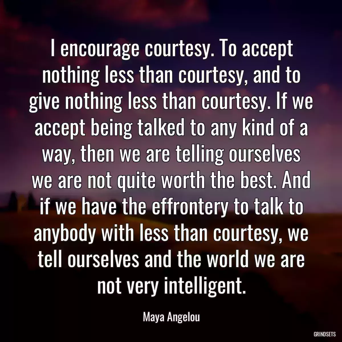 I encourage courtesy. To accept nothing less than courtesy, and to give nothing less than courtesy. If we accept being talked to any kind of a way, then we are telling ourselves we are not quite worth the best. And if we have the effrontery to talk to anybody with less than courtesy, we tell ourselves and the world we are not very intelligent.