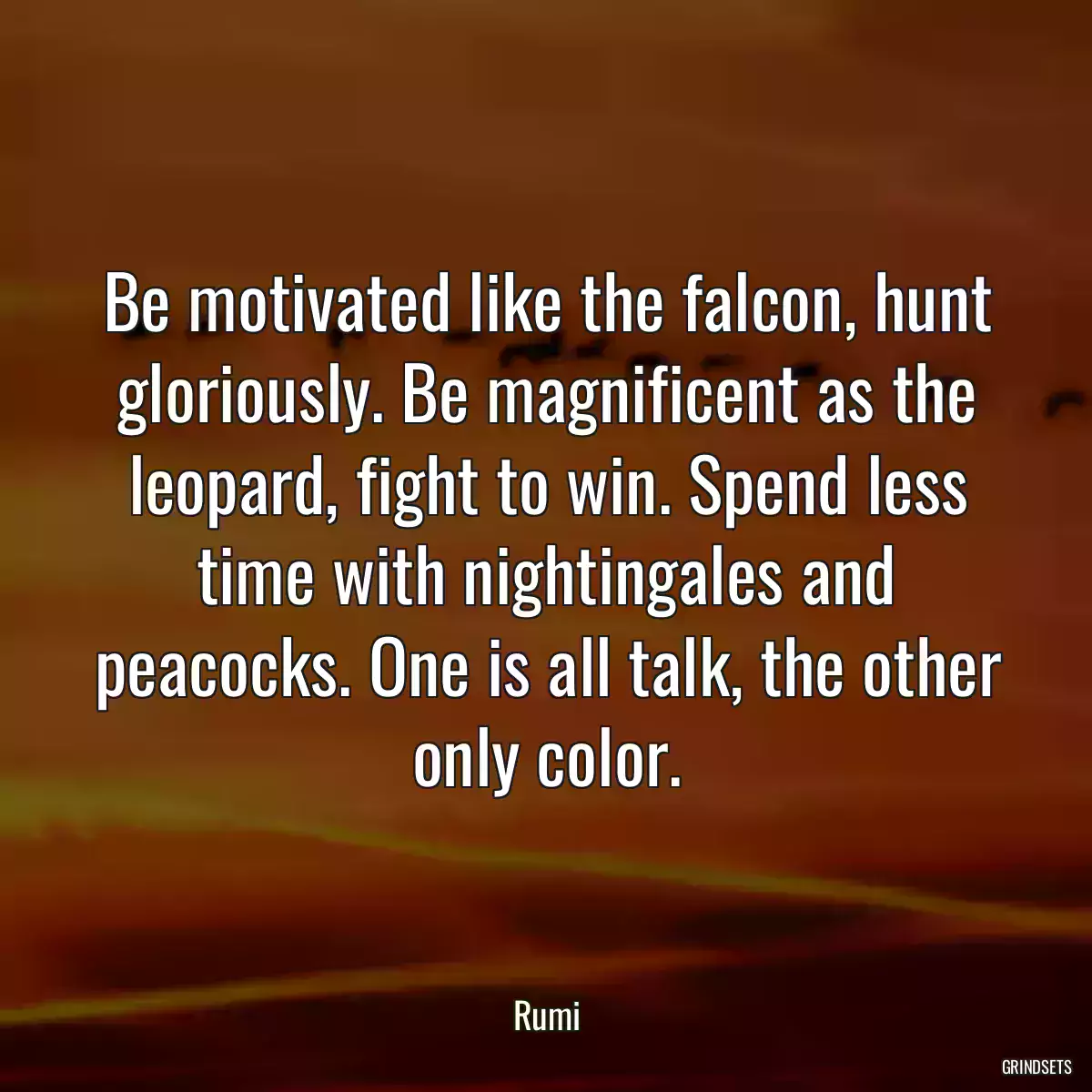 Be motivated like the falcon, hunt gloriously. Be magnificent as the leopard, fight to win. Spend less time with nightingales and peacocks. One is all talk, the other only color.