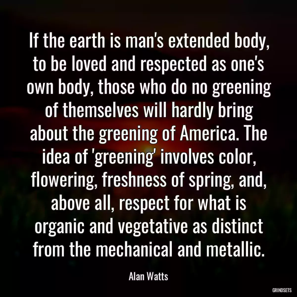 If the earth is man\'s extended body, to be loved and respected as one\'s own body, those who do no greening of themselves will hardly bring about the greening of America. The idea of \'greening\' involves color, flowering, freshness of spring, and, above all, respect for what is organic and vegetative as distinct from the mechanical and metallic.