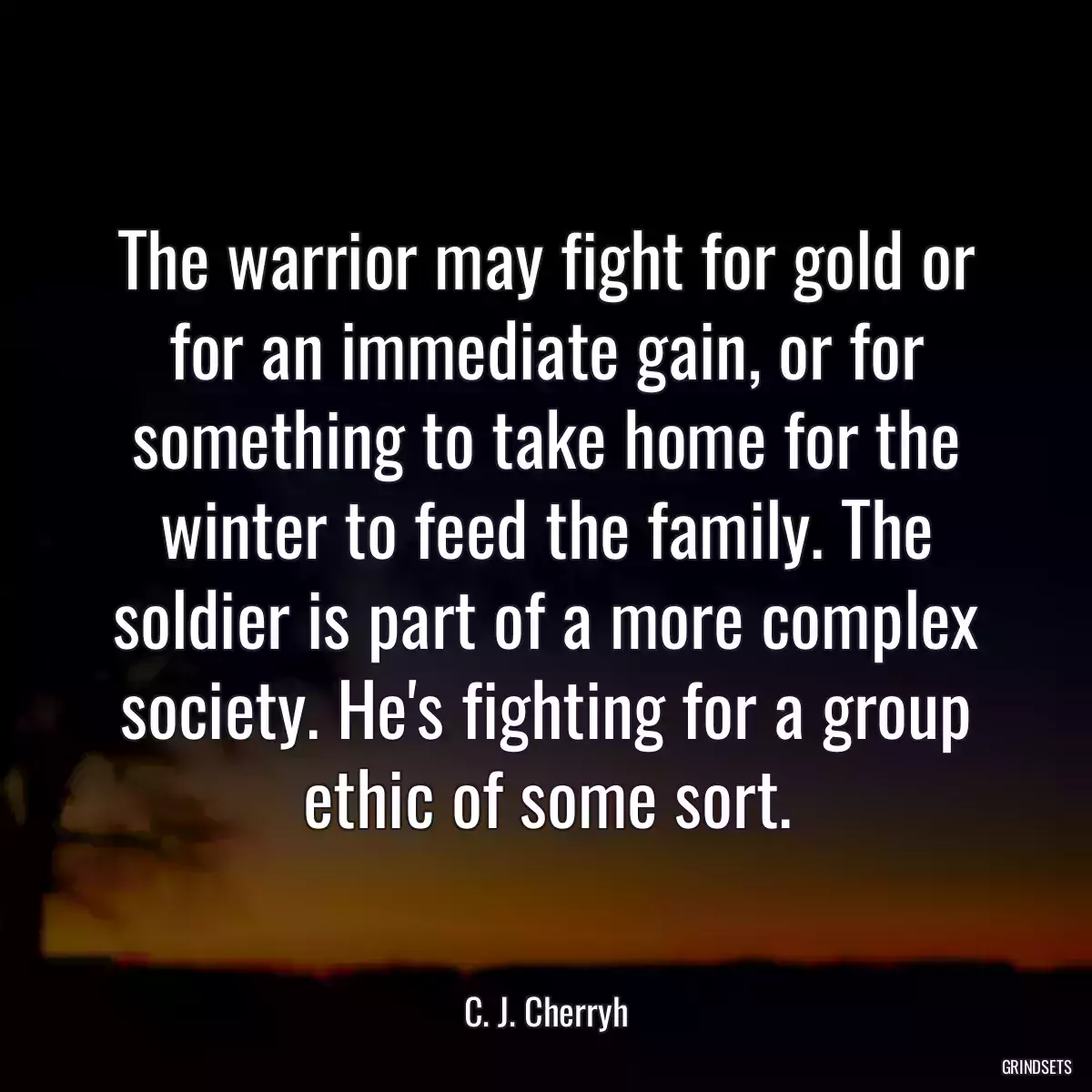 The warrior may fight for gold or for an immediate gain, or for something to take home for the winter to feed the family. The soldier is part of a more complex society. He\'s fighting for a group ethic of some sort.