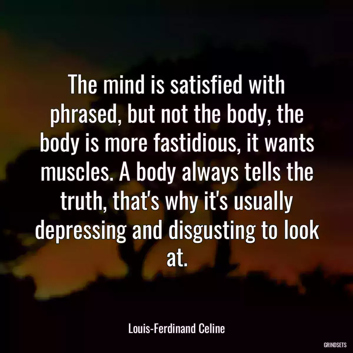 The mind is satisfied with phrased, but not the body, the body is more fastidious, it wants muscles. A body always tells the truth, that\'s why it\'s usually depressing and disgusting to look at.