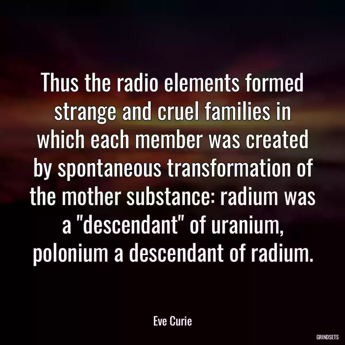 Thus the radio elements formed strange and cruel families in which each member was created by spontaneous transformation of the mother substance: radium was a \