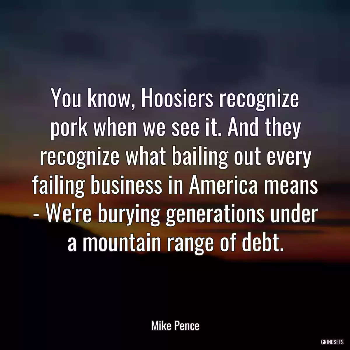 You know, Hoosiers recognize pork when we see it. And they recognize what bailing out every failing business in America means - We\'re burying generations under a mountain range of debt.