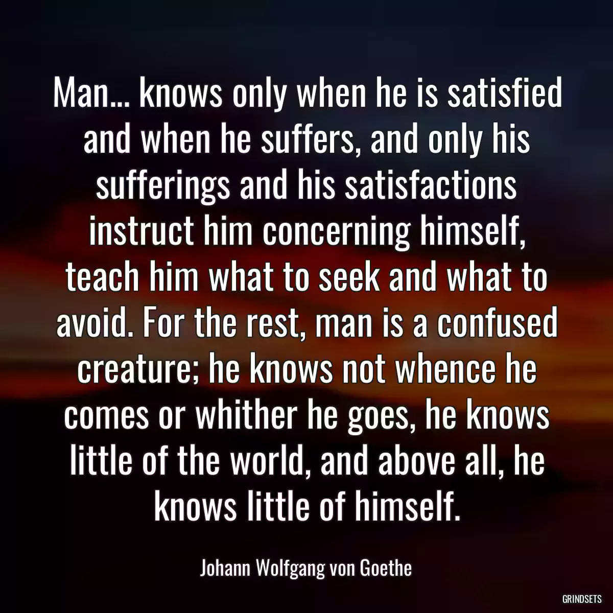 Man... knows only when he is satisfied and when he suffers, and only his sufferings and his satisfactions instruct him concerning himself, teach him what to seek and what to avoid. For the rest, man is a confused creature; he knows not whence he comes or whither he goes, he knows little of the world, and above all, he knows little of himself.