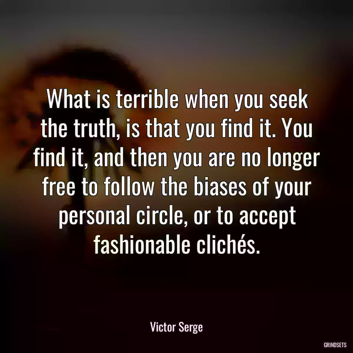 What is terrible when you seek the truth, is that you find it. You find it, and then you are no longer free to follow the biases of your personal circle, or to accept fashionable clichés.