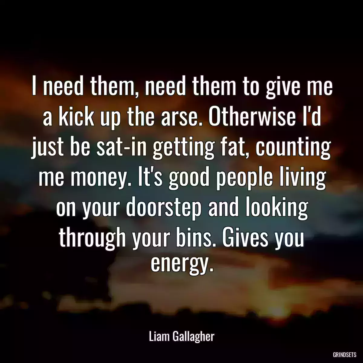 I need them, need them to give me a kick up the arse. Otherwise I\'d just be sat-in getting fat, counting me money. It\'s good people living on your doorstep and looking through your bins. Gives you energy.