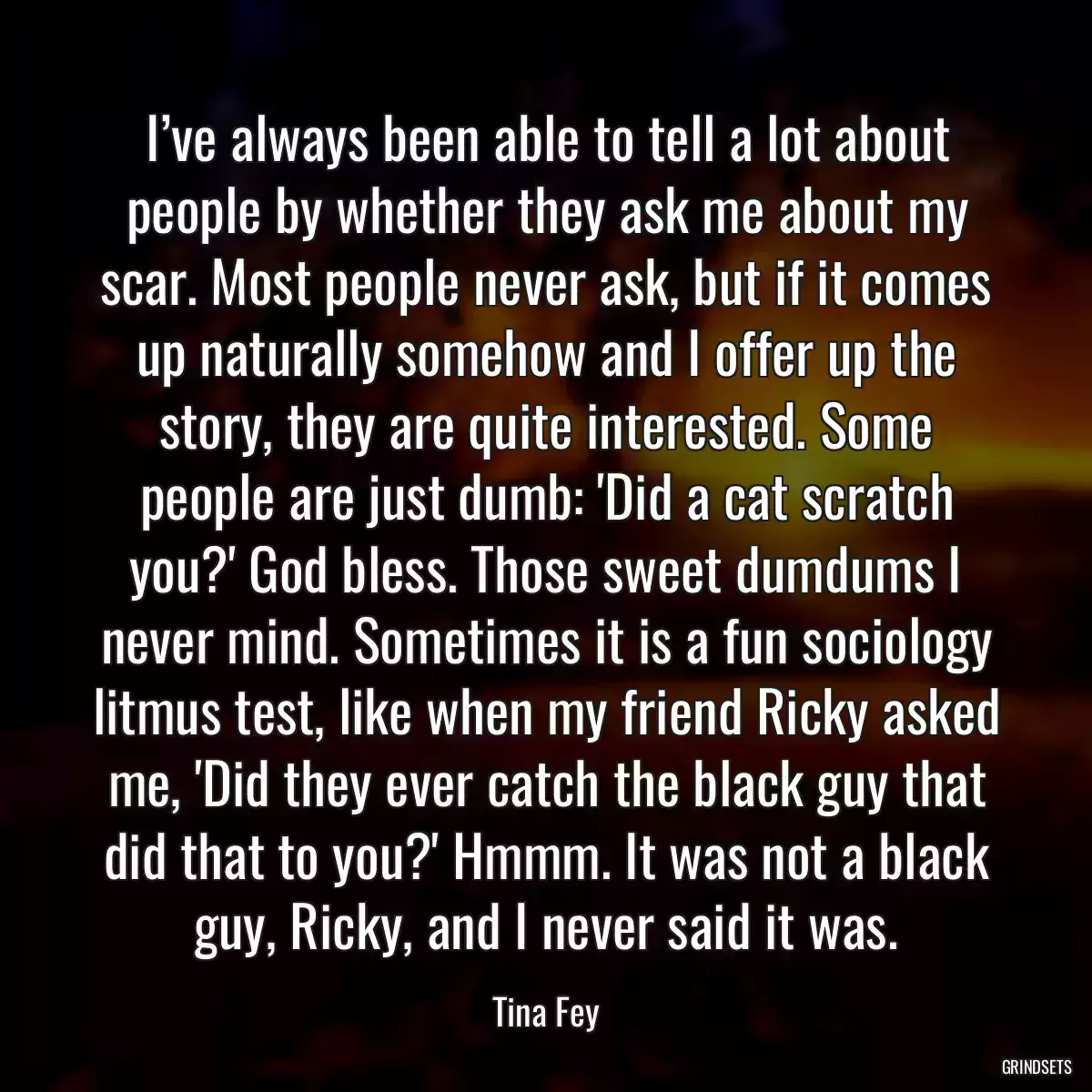 I’ve always been able to tell a lot about people by whether they ask me about my scar. Most people never ask, but if it comes up naturally somehow and I offer up the story, they are quite interested. Some people are just dumb: \'Did a cat scratch you?\' God bless. Those sweet dumdums I never mind. Sometimes it is a fun sociology litmus test, like when my friend Ricky asked me, \'Did they ever catch the black guy that did that to you?\' Hmmm. It was not a black guy, Ricky, and I never said it was.