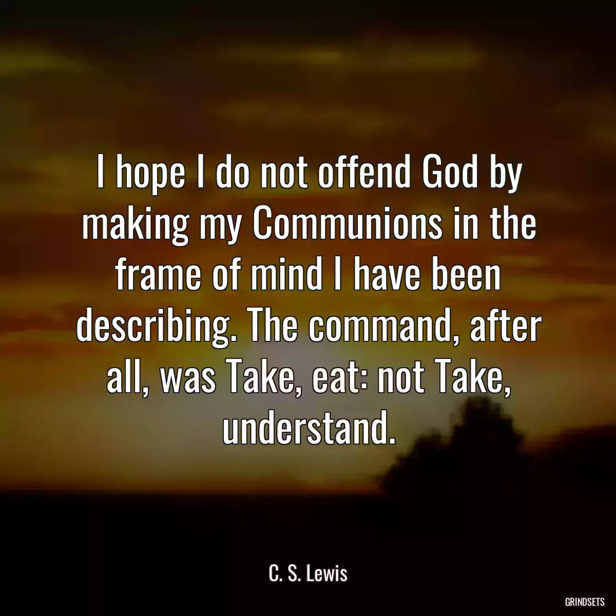 I hope I do not offend God by making my Communions in the frame of mind I have been describing. The command, after all, was Take, eat: not Take, understand.