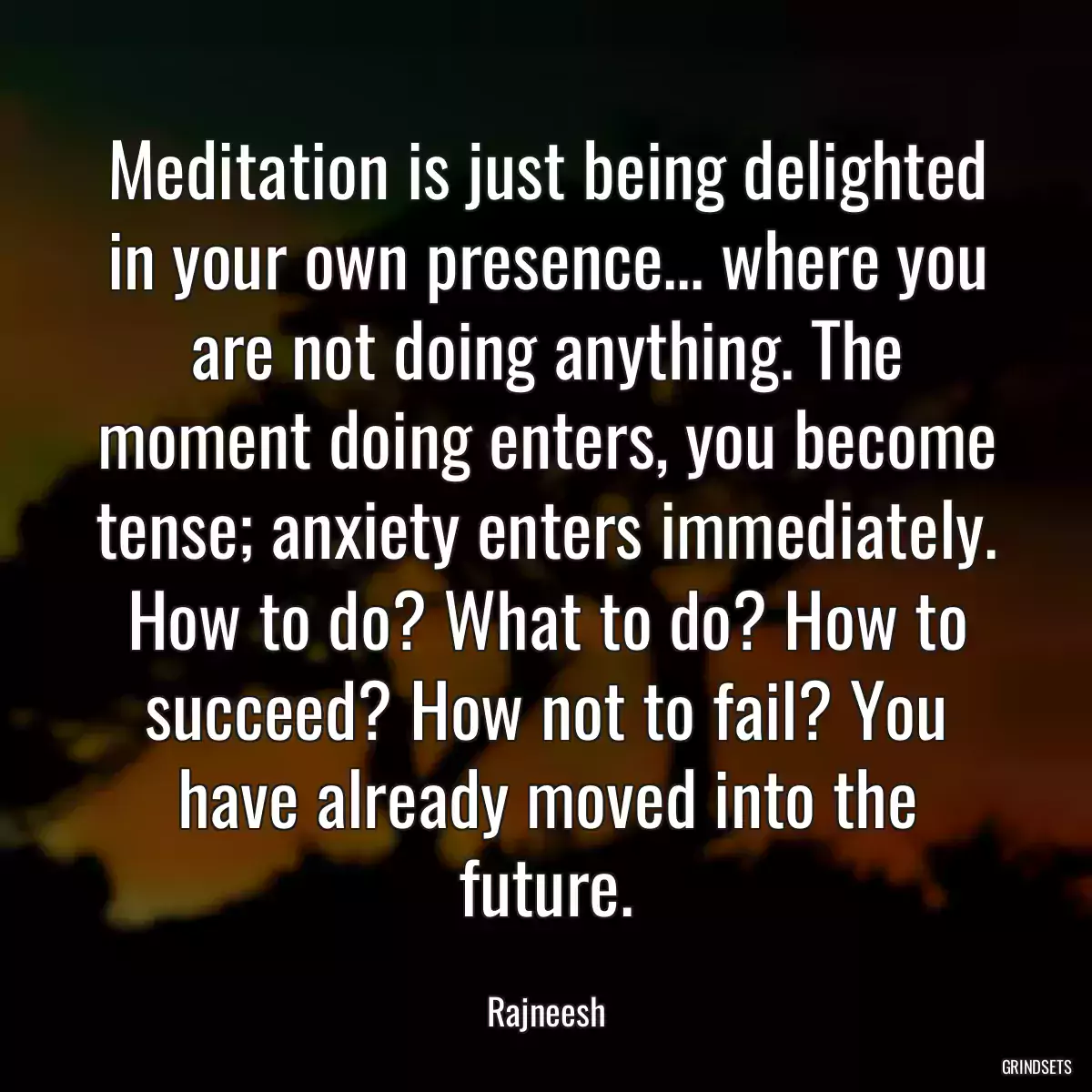 Meditation is just being delighted in your own presence... where you are not doing anything. The moment doing enters, you become tense; anxiety enters immediately. How to do? What to do? How to succeed? How not to fail? You have already moved into the future.