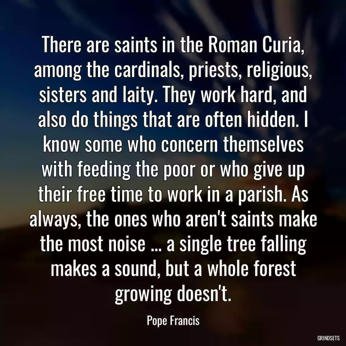 There are saints in the Roman Curia, among the cardinals, priests, religious, sisters and laity. They work hard, and also do things that are often hidden. I know some who concern themselves with feeding the poor or who give up their free time to work in a parish. As always, the ones who aren\'t saints make the most noise ... a single tree falling makes a sound, but a whole forest growing doesn\'t.