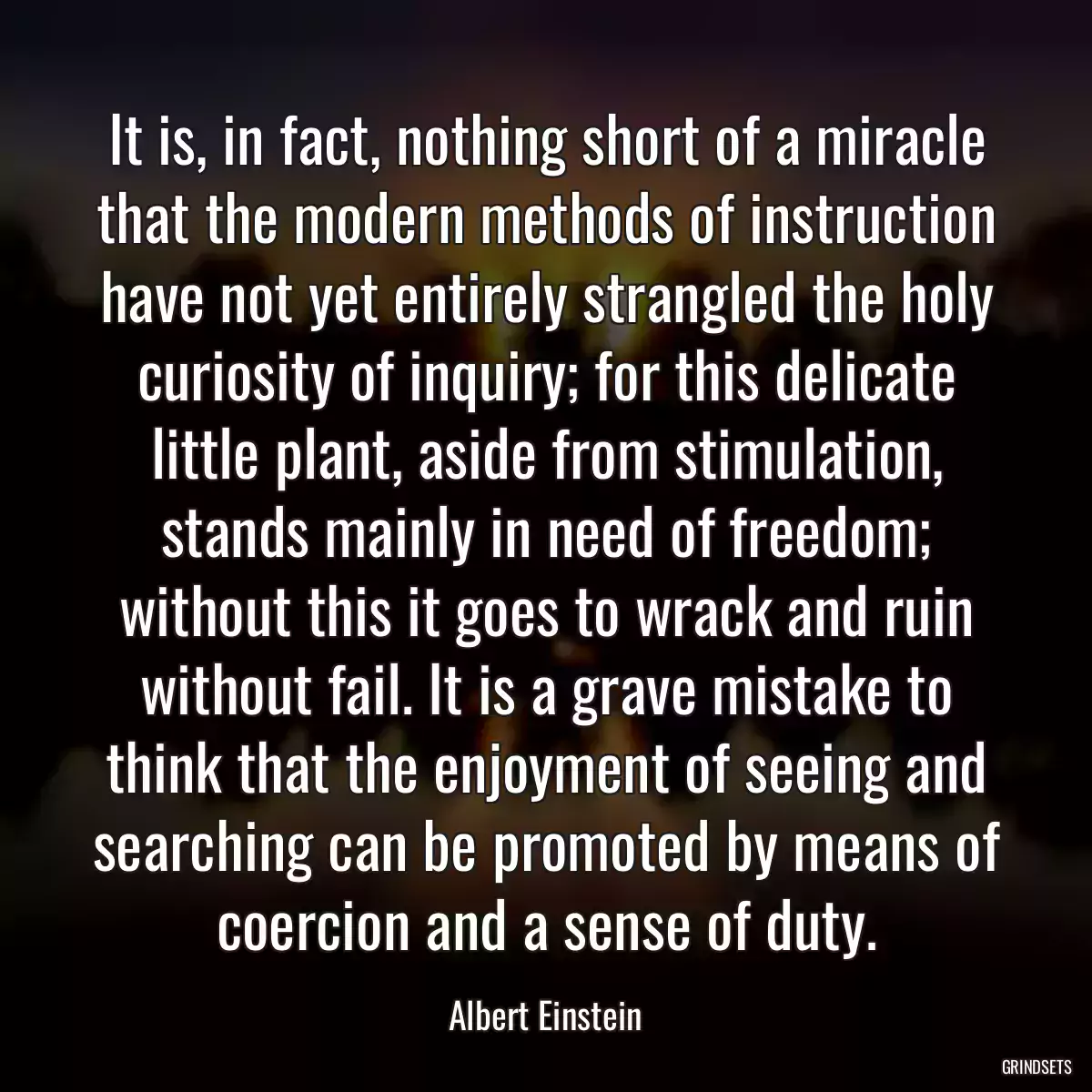 It is, in fact, nothing short of a miracle that the modern methods of instruction have not yet entirely strangled the holy curiosity of inquiry; for this delicate little plant, aside from stimulation, stands mainly in need of freedom; without this it goes to wrack and ruin without fail. It is a grave mistake to think that the enjoyment of seeing and searching can be promoted by means of coercion and a sense of duty.