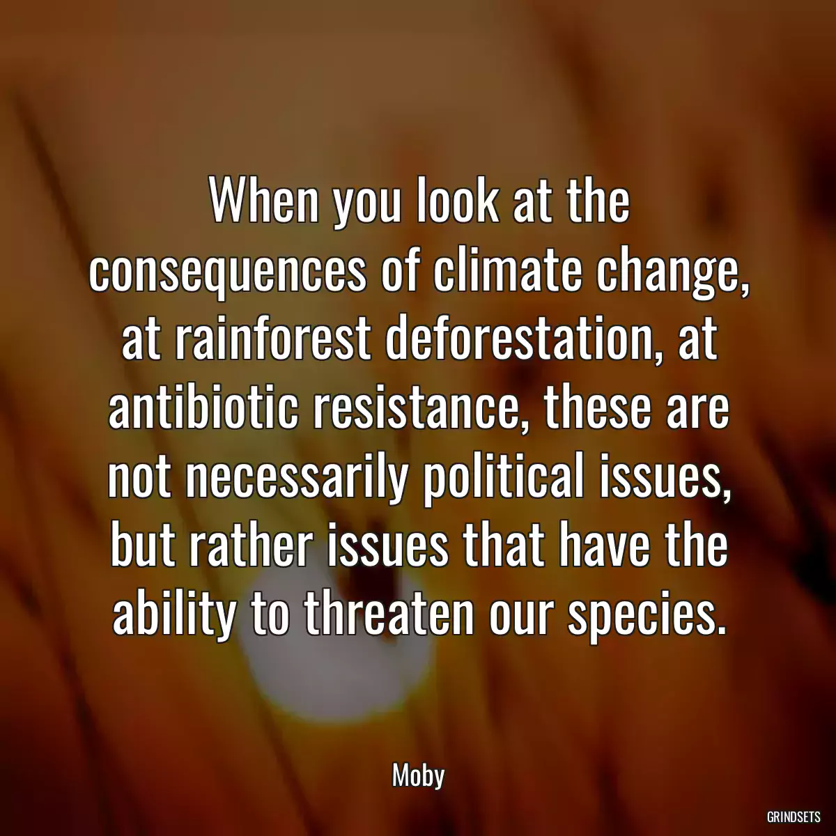 When you look at the consequences of climate change, at rainforest deforestation, at antibiotic resistance, these are not necessarily political issues, but rather issues that have the ability to threaten our species.