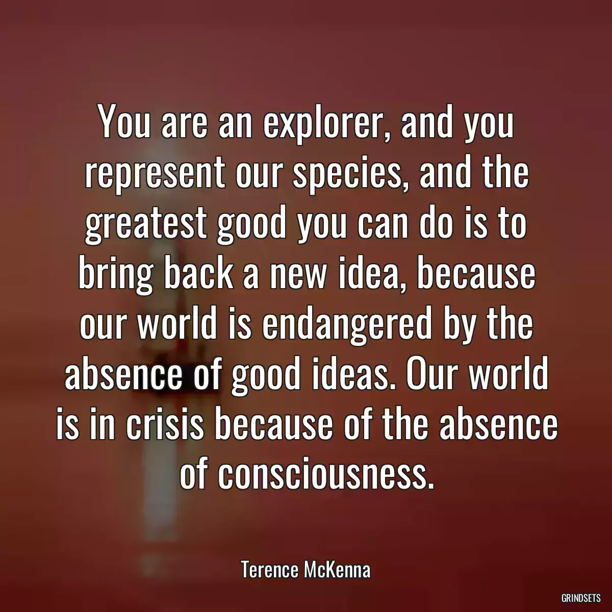 You are an explorer, and you represent our species, and the greatest good you can do is to bring back a new idea, because our world is endangered by the absence of good ideas. Our world is in crisis because of the absence of consciousness.