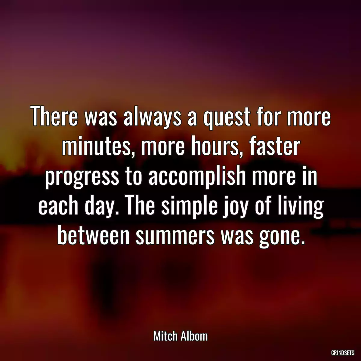 There was always a quest for more minutes, more hours, faster progress to accomplish more in each day. The simple joy of living between summers was gone.