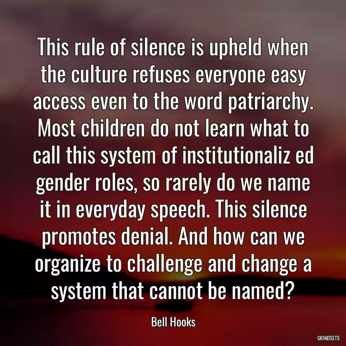 This rule of silence is upheld when the culture refuses everyone easy access even to the word patriarchy. Most children do not learn what to call this system of institutionaliz ed gender roles, so rarely do we name it in everyday speech. This silence promotes denial. And how can we organize to challenge and change a system that cannot be named?