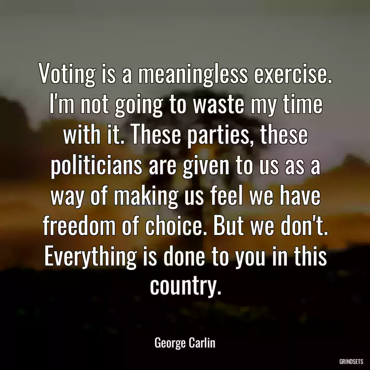 Voting is a meaningless exercise. I\'m not going to waste my time with it. These parties, these politicians are given to us as a way of making us feel we have freedom of choice. But we don\'t. Everything is done to you in this country.