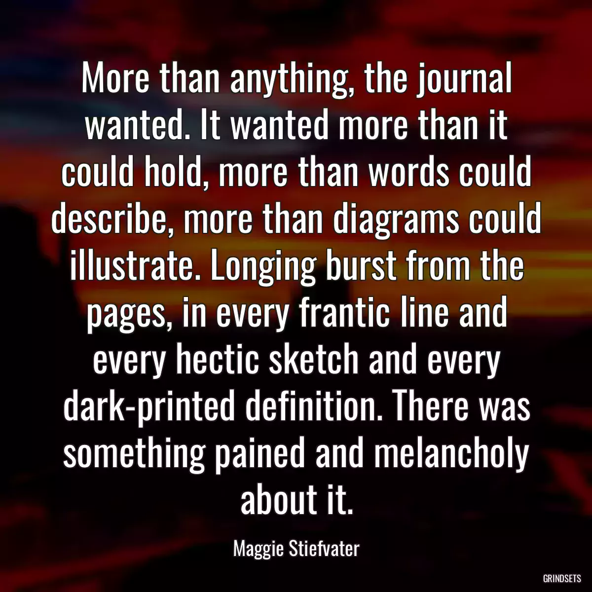 More than anything, the journal wanted. It wanted more than it could hold, more than words could describe, more than diagrams could illustrate. Longing burst from the pages, in every frantic line and every hectic sketch and every dark-printed definition. There was something pained and melancholy about it.